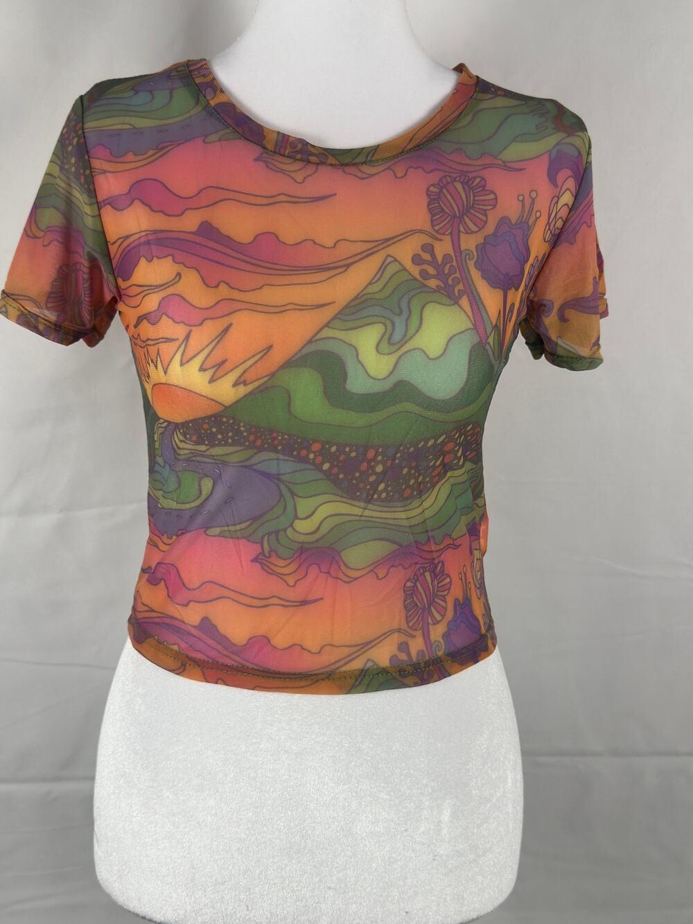 NWT WoWo Psychedelic Sheer Mesh Top – Colorful Abstract Print – Size M